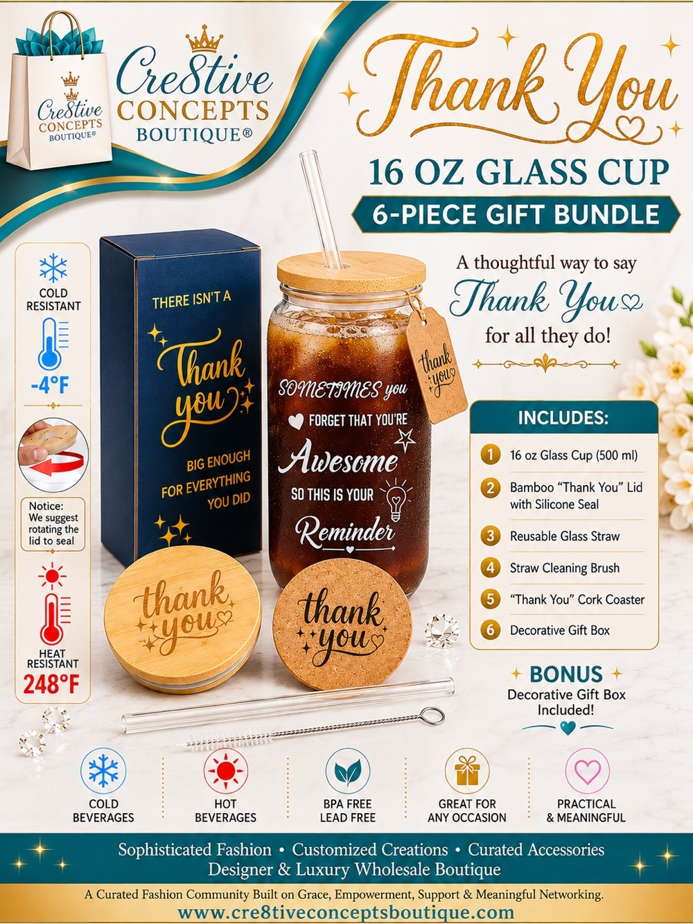 Appreciation 16oz Glass Thank You Cup 6-Piece Gift Bundle Set with Bamboo Lid